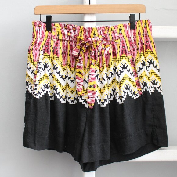 Anthropologie Laverna Print Black Multicolor Linen Blend Paperbag Shorts Medium - Picture 1 of 10